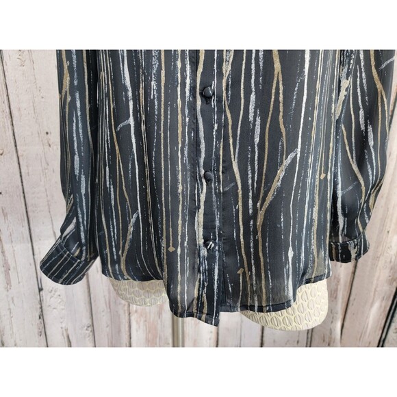 LM Women's Size 8 Zelda Black & Gold LS Silky Button Down Dress Shirt Blouse EUC - Picture 4 of 9